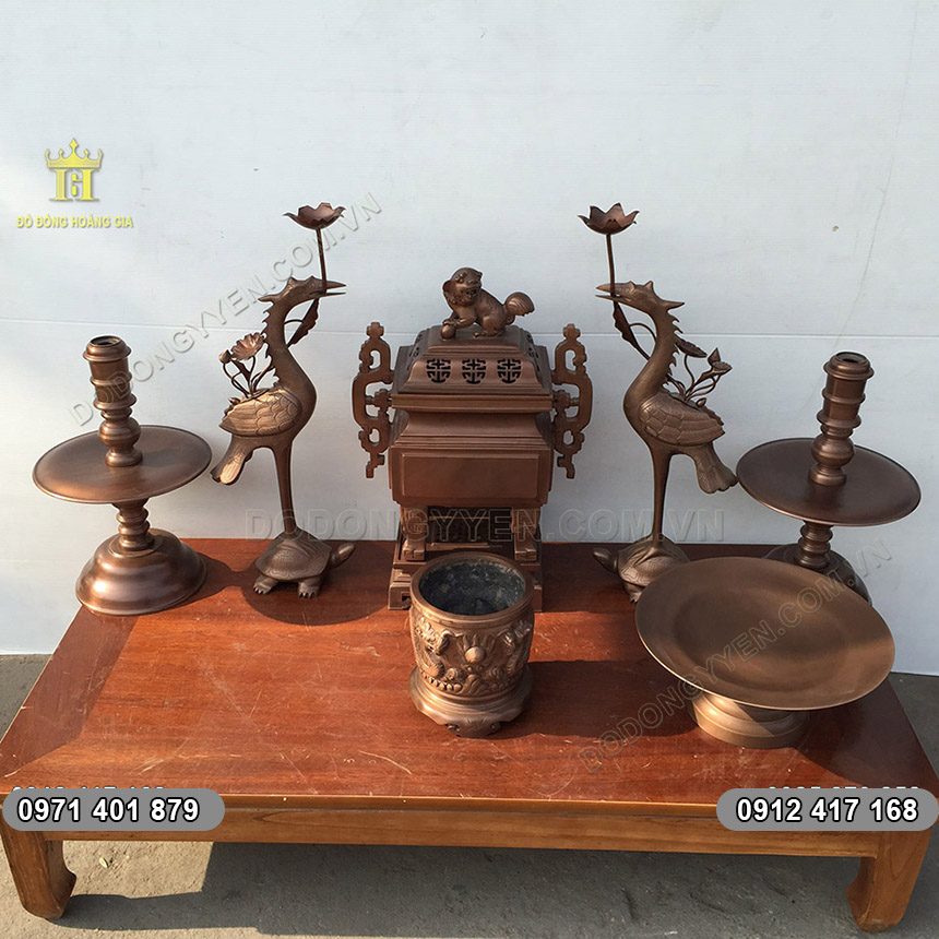 Bộ Đồ Thờ Đỉnh Vu&ocirc;ng Bằng Đồng Đỏ Hun 55cm